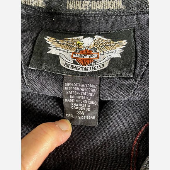 VTG Y2K Harley Davidson Motorcycle 2004-3W/3X Denim Button Jacket Black w Flame - Picture 9 of 11